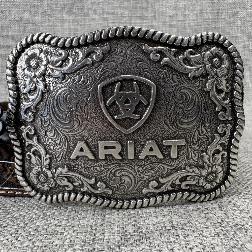Ariat Mens Brown Floral Tooled Genuine Leather Belt Silver Trophy Buckle NWT